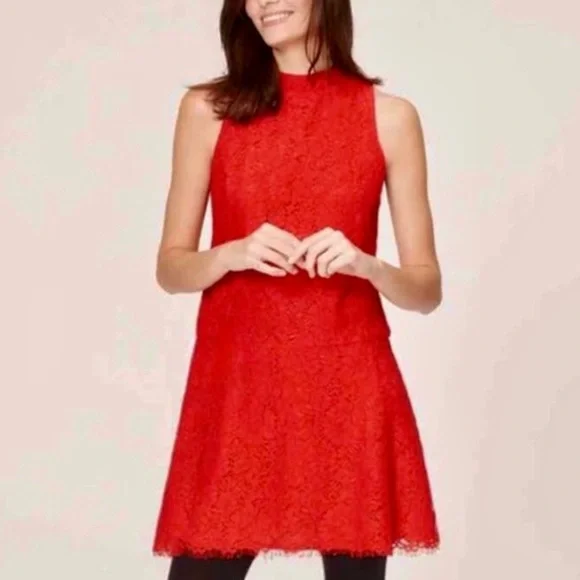 Loft Red Lace Mockneck Sleeveless Dress Loft Red Lace Mockneck Sleeveless Dress